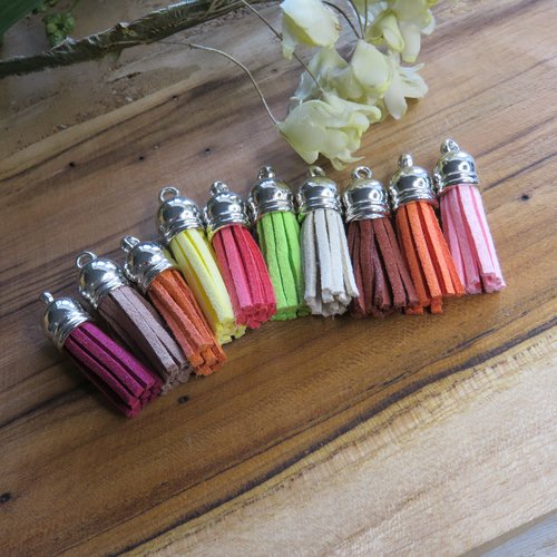 10 pompons / glands suédine coupole argentée rose, jaune, vert, marron....