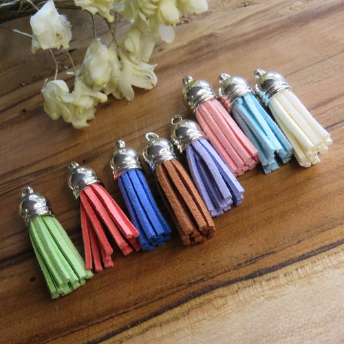 8 pompons / glands suédine coupole argentée rose, bleu, vert, violet, marron....