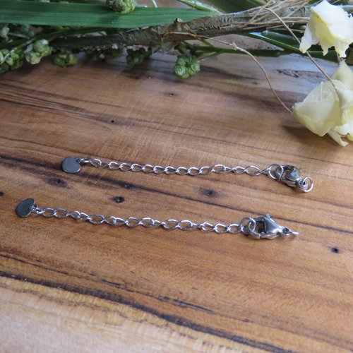 2 chaînettes d'extension fermoir argenté acier inoxydable 75 mm