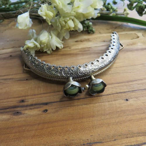 Fermoir de sac clic-clac en métal bronze perle verte 8.5 x 4.5 cm