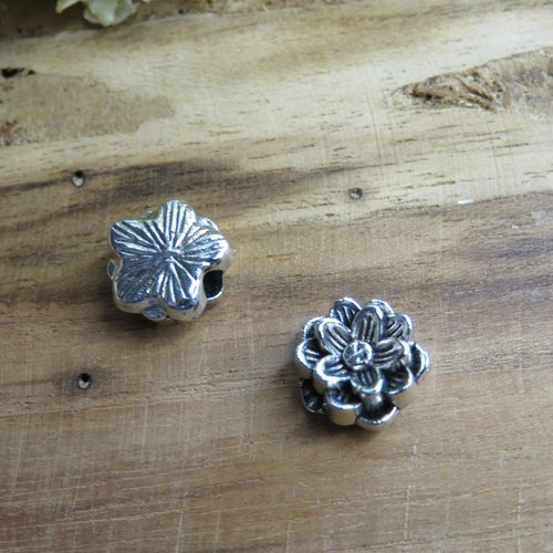 10 perles en métal fleur argenté antique 10 mm