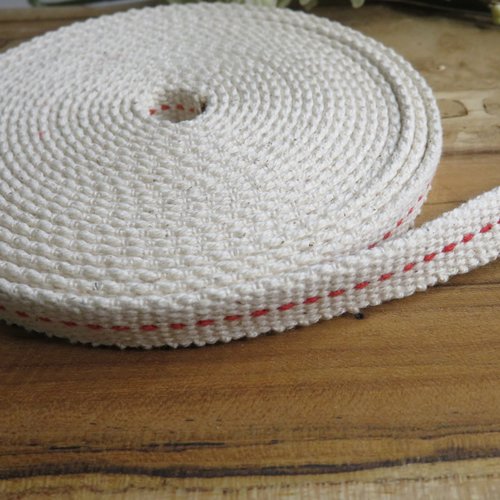 Sangle en coton écru pointillé rouge 10 mm