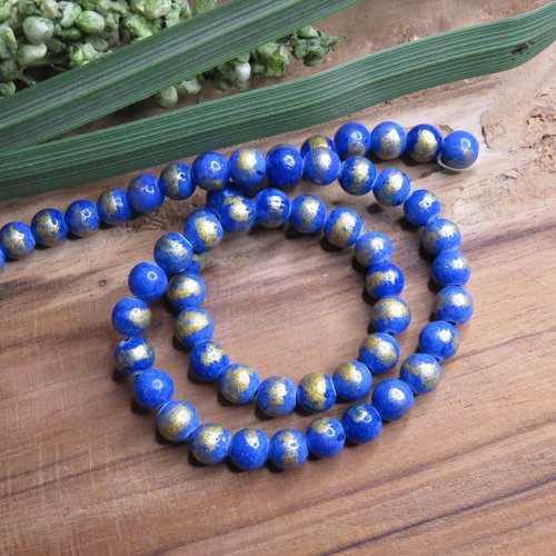 10 perles teinté bleu et or imitation jade 6 mm