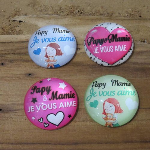 Lot de 4 cabochons en verre "papy mamie je vous aime" 25 mm