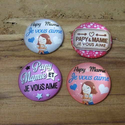 Lot de 4 cabochons en verre "papy mamie je vous aime" 25 mm