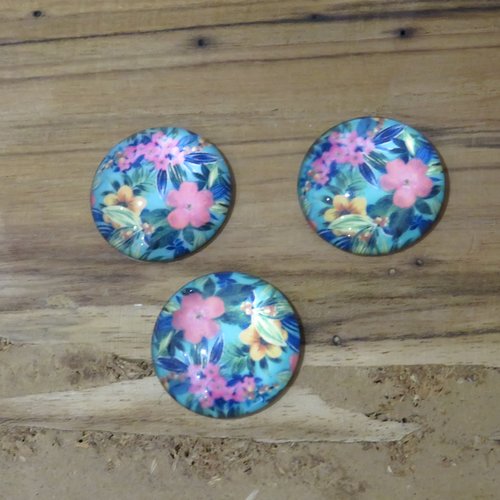 Lot de 3 cabochons en verre "fleurs sakura" rose et jaune 25 mm