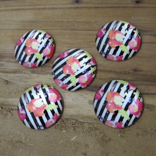 Lot de 4 cabochons en verre "fleurs rose rayures noires" 25 mm