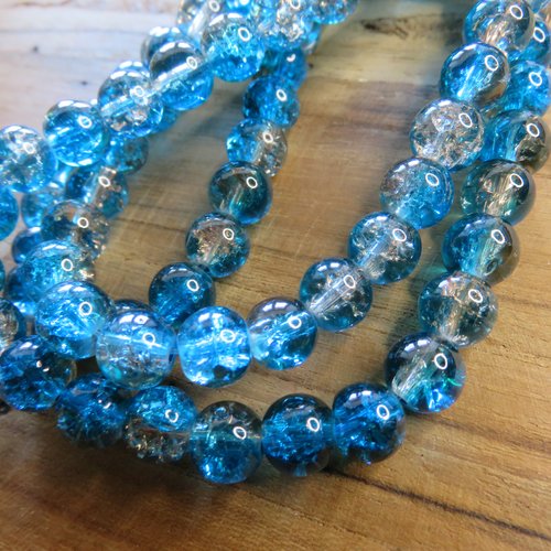 10 perles verre craquelées bleu turquoise/doré 8 mm