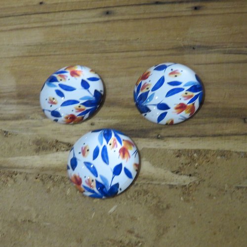 Lot de 3 cabochons en verre fleurs marron feuilles bleues 25 mm