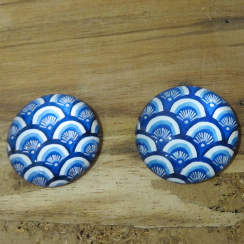Lot de 2 cabochons en verre motif japonais bleu 25 mm