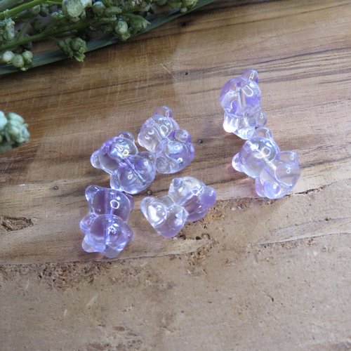 Lot 6 perles ourson en verre reflets violet