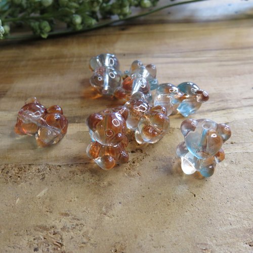 Lot 7 perles ourson en verre reflets marron/turquoise