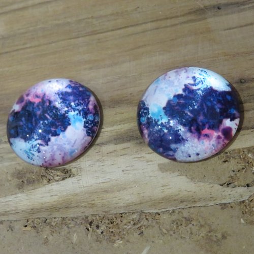 Lot de 2 cabochons en verre motif abstrait bleu rose turquoise 25 mm