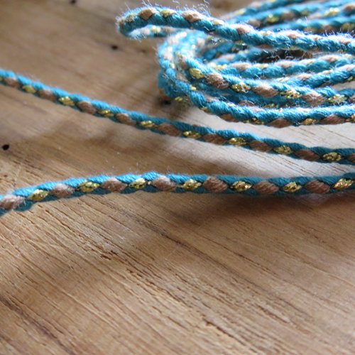 Cordon coton torsadé turquoise marron doré 2 mm