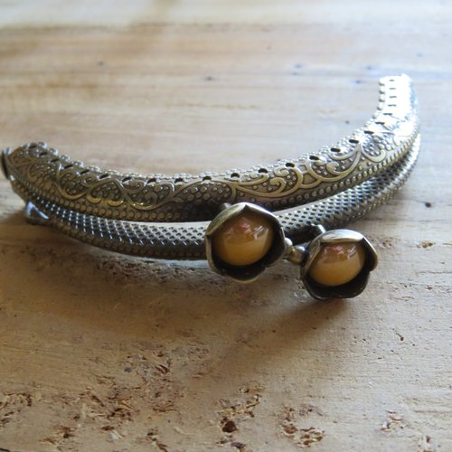 Fermoir de sac clic-clac en métal bronze perle jaune moutarde nacrée 8.5 x 6 cm