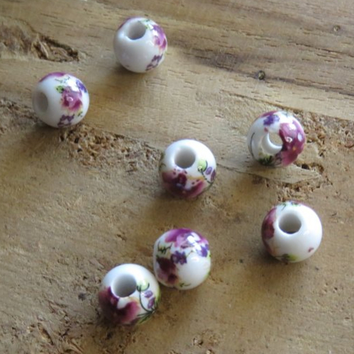 10 perles porcelaine fleur violette 8 mm