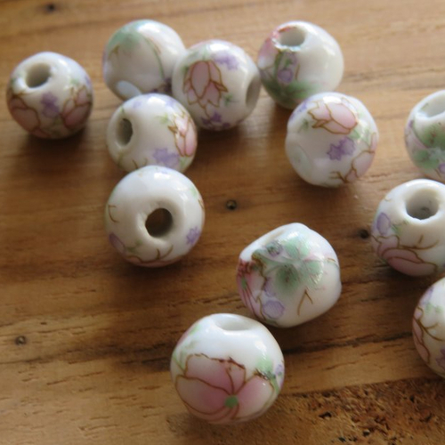 10 perles porcelaine fleur rose artisanale 10 mm