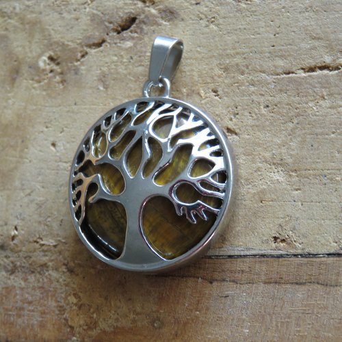 Pendentif pierre arbre de vie œil de tigre et métal argenté
