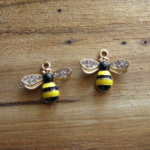 2 breloques abeille en émail jaune strass