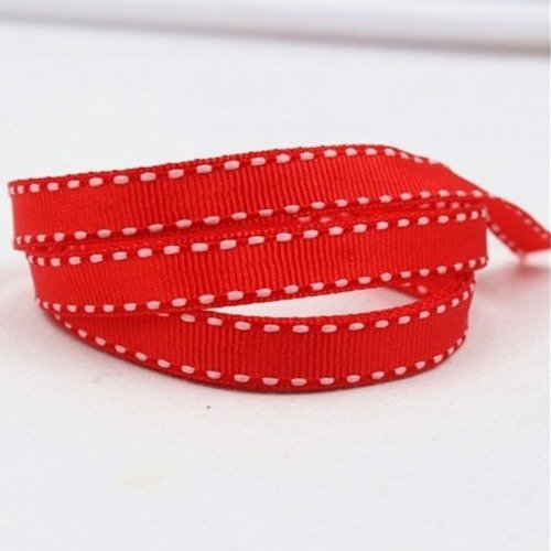 Ruban gros grain - uni - rouge surpiqué blanc - vendu au mètre