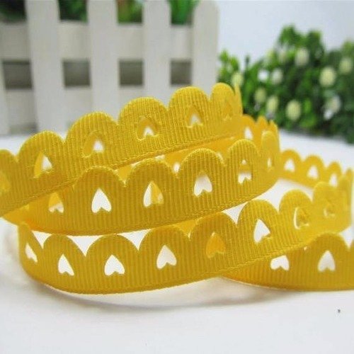 Ruban frise petit cœur - jaune - ruban gros grain - vendu au mètre