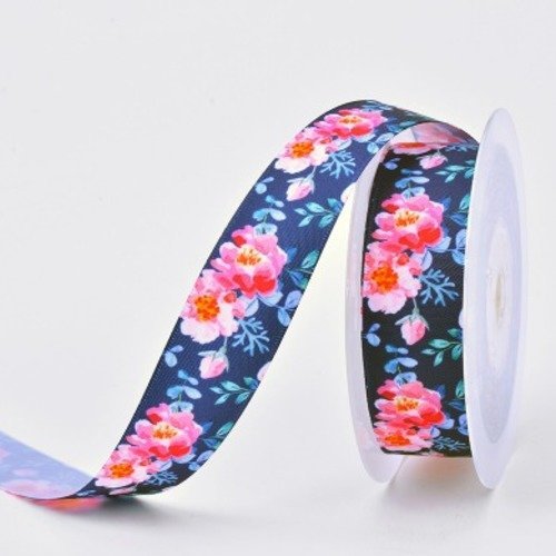 Ruban satin fleurs roses fond bleu marine - vendu au mètre