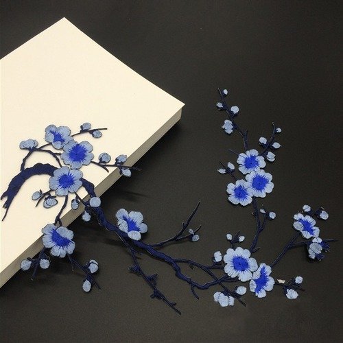 1 applique - ecusson - patch thermocollant - fleurs de cerisier - tons bleu et noir - apc-03 - 36