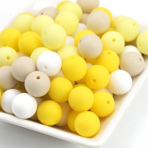 Lot de 10 perles en silicones - 15 mm - multicolores - tons jaunes