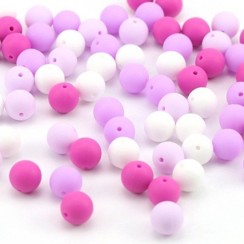 Lot de 10 perles en silicones - 15 mm - multicolores - tons parme - fuchsia - r006