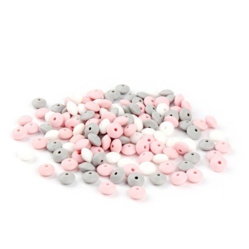 Lot de 10 perles lentilles en silicones - 12 x 7 mm - rose - gris et blanc - r127