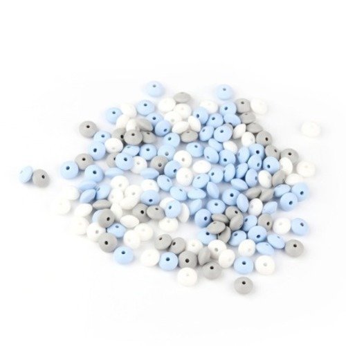 Lot de 10 perles lentilles en silicones - 12 x 7 mm - bleu - gris et blanc