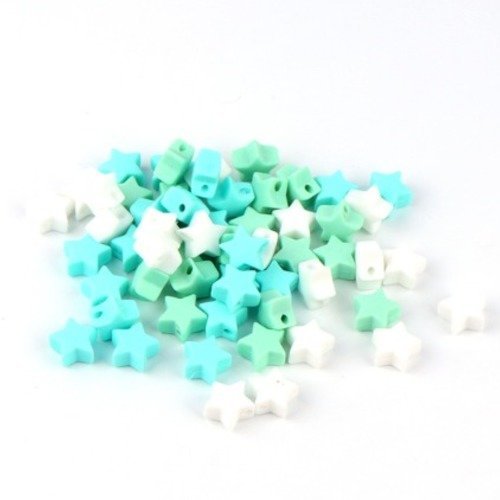 Lot de 3 perles etoile en silicone - 14 mm - turquoise - vert et blanc