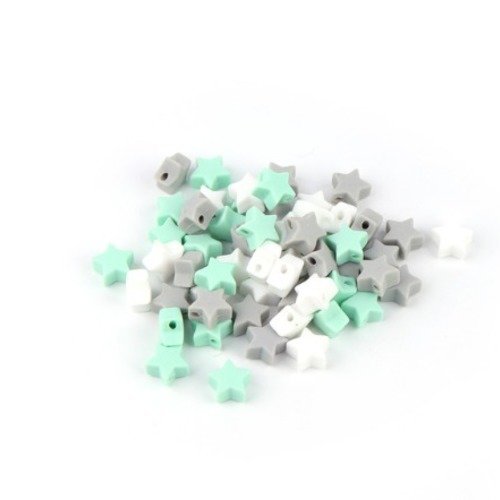 Lot de 3 perles etoile en silicone - 14 mm - blanc - gris  et vert tendre