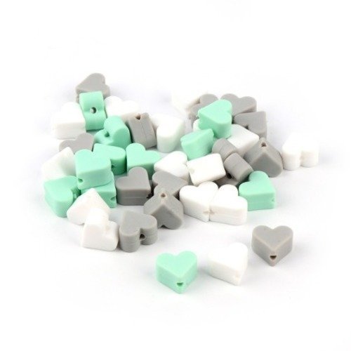 Lot de 3 perles coeur en silicone - 14 mm - blanc - gris  et vert tendre