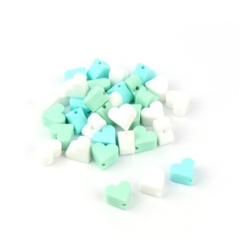 Lot de 3 perles coeur en silicone - 14 mm - turquoise - vert et blanc