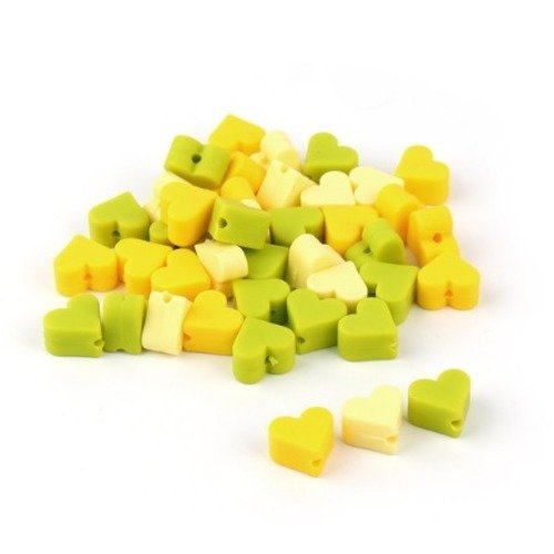 Lot de 3 perles coeur en silicone - 14 mm - jaune, jaune clair et vert anis