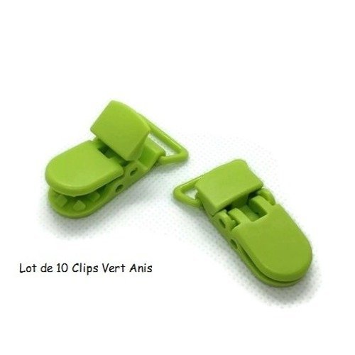 1 lot de 10 clips / pinces bretelle pour attache tétine ou doudou - plastique - vert anis