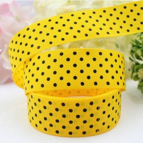 Ruban gros grain à pois noir fond jaune - vendu au mètre
