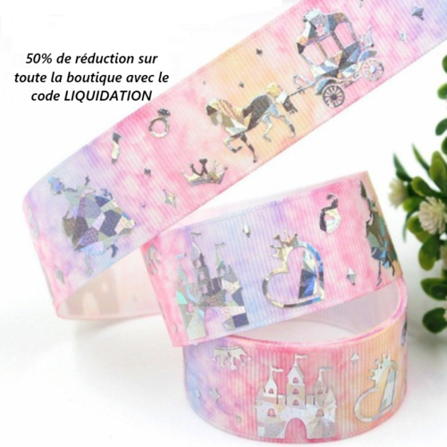 Ruban gros grain princesse - carrosse - fond rose pastel - vendu au mètre