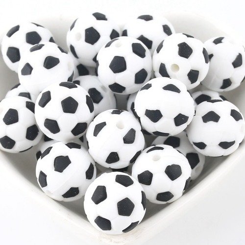 Lot de 2 perles ballon de foot en silicone - 15 mm - blanc - noir
