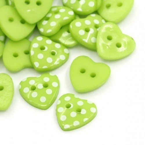 Lot de 5 boutons forme cœur à pois - vert anis