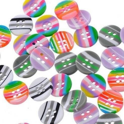 Lot de 10 boutons ronds rayures multicolores en acrylique 