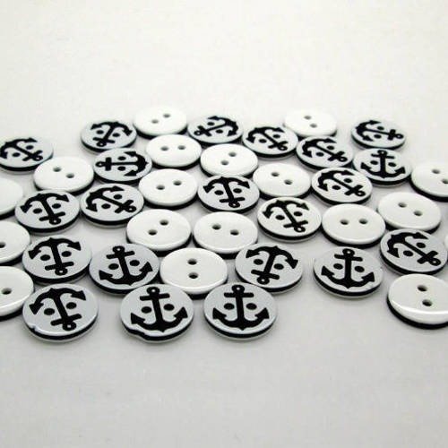 Lot de 10 boutons ronds ancre marine noir et blanc 
