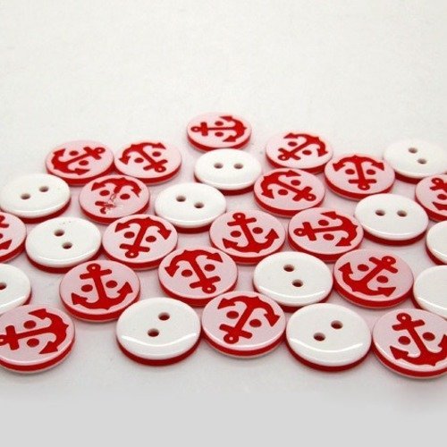 Lot de 10 boutons ronds ancre marine rouge et blanc 
