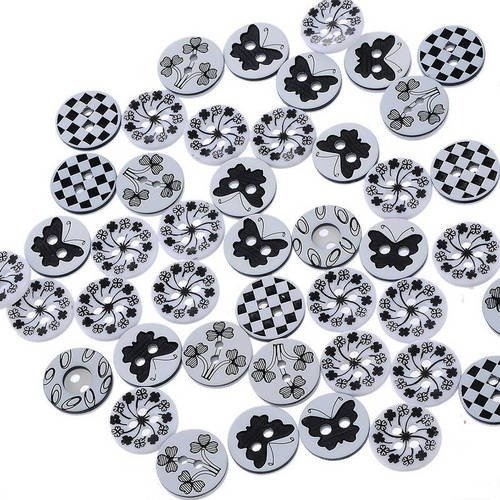 Lot de 10 boutons ronds noir et blanc - papillon - fleur 