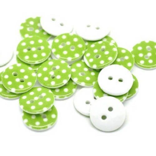 Lot de 10 boutons ronds vert anis à pois blanc en acrylique