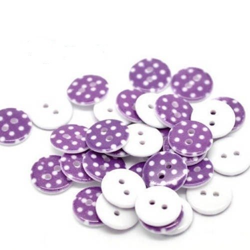 Lot de 10 boutons ronds parmes à pois blanc en acrylique