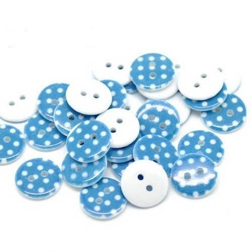 Lot de 10 boutons ronds bleu à pois blanc en acrylique