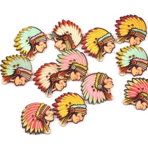 Lot de 5 boutons en bois - indien - apache - multicolores 