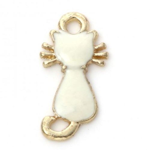 1 breloque pendentif chat blanc - email - strass - métal doré - r898